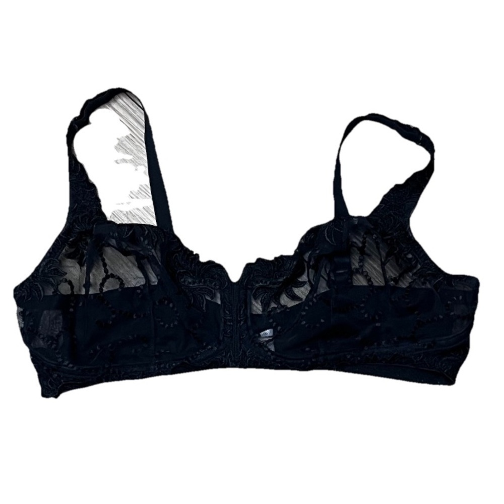 Lunaire Black Mesh Lace Wireless Bra 40DDD Sheer Embroidered Plus Size Gothic